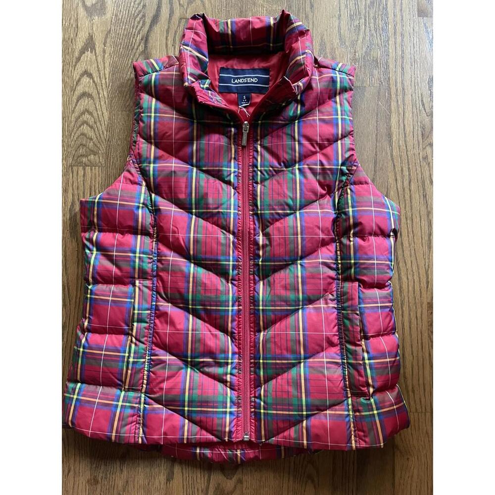 LANDS' END plaid tartan down vest puffy size small (6-8)